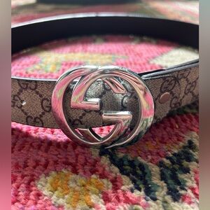 Old school Gucci Belt GG Interlocking Buckle Beige Brown Silver